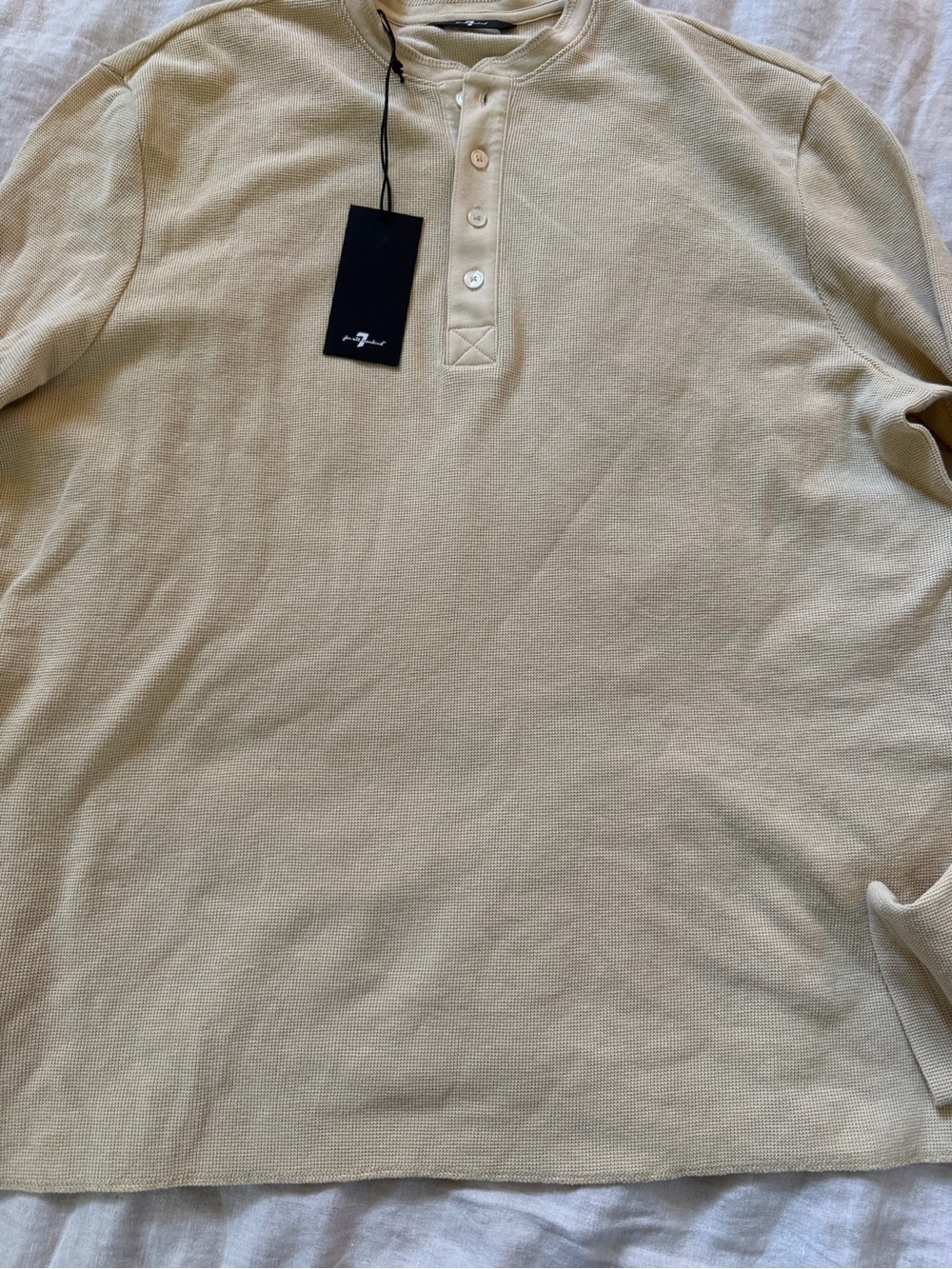 7 For All Mankind Long Sleeve Henley in Light Beige - Picture 2 of 12
